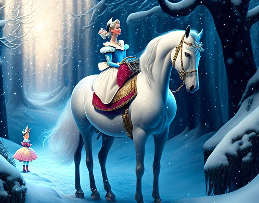 Fairy-tale princess on white horse in snowy forest with fairy