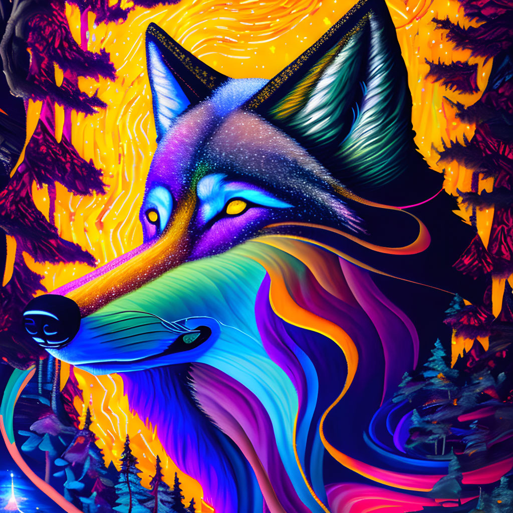 Colorful Cosmic Wolf Artwork with Rainbow Patterns and Fiery Forest Background