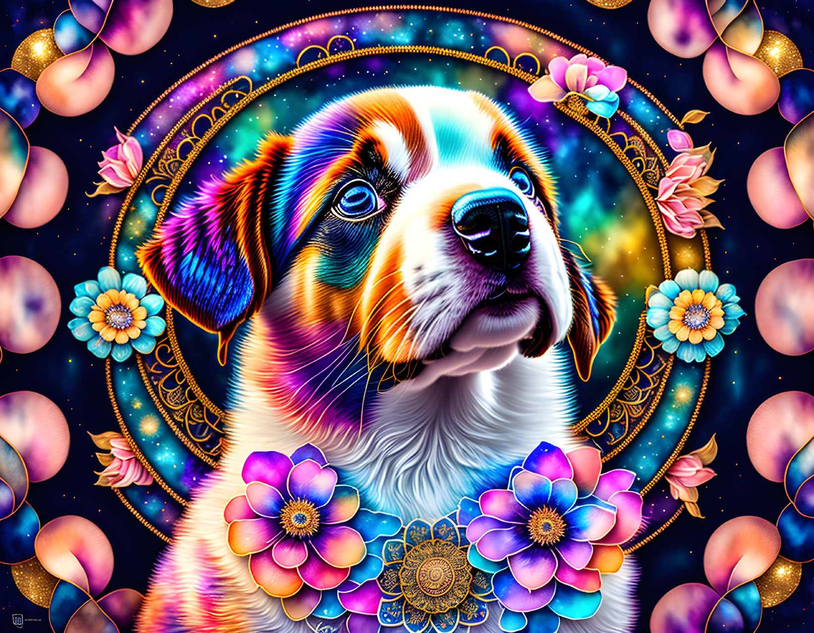 Vibrant digital artwork of a dog with cosmic flowers and celestial background