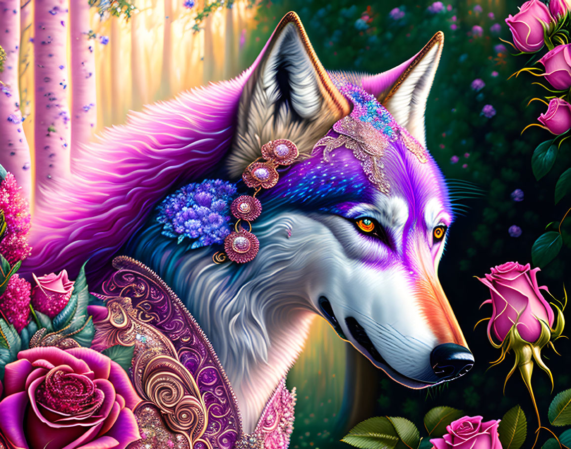 Fantasy wolf with vibrant flowers and jewelry in magical forest