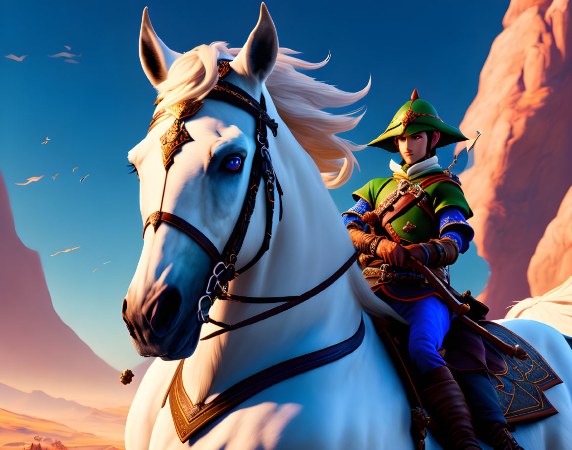 Heroic figure in green outfit on white horse against blue skies and red cliffs