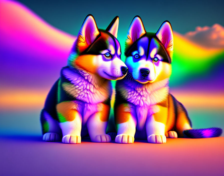 Colorful Husky Puppies Against Rainbow Backdrop