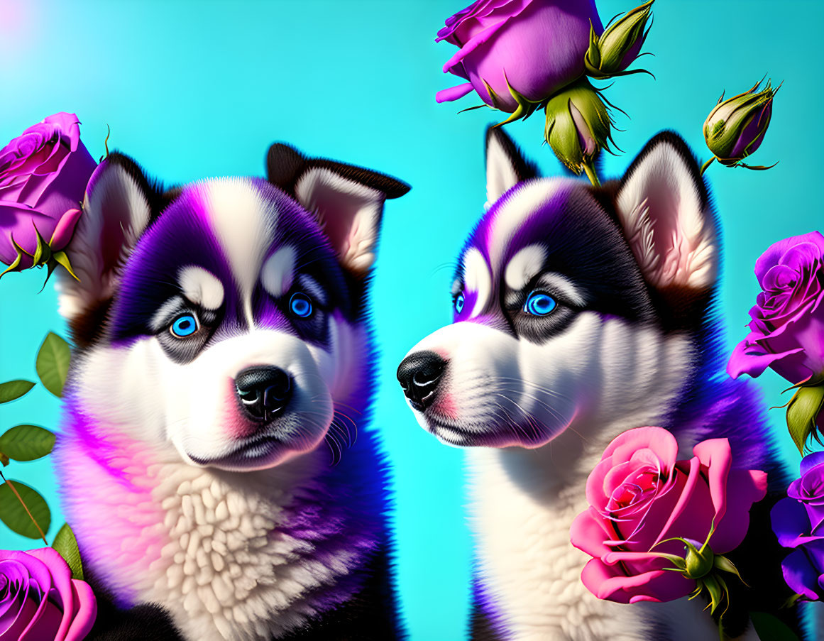 Illustrated Siberian Huskies with blue eyes and roses on blue backdrop