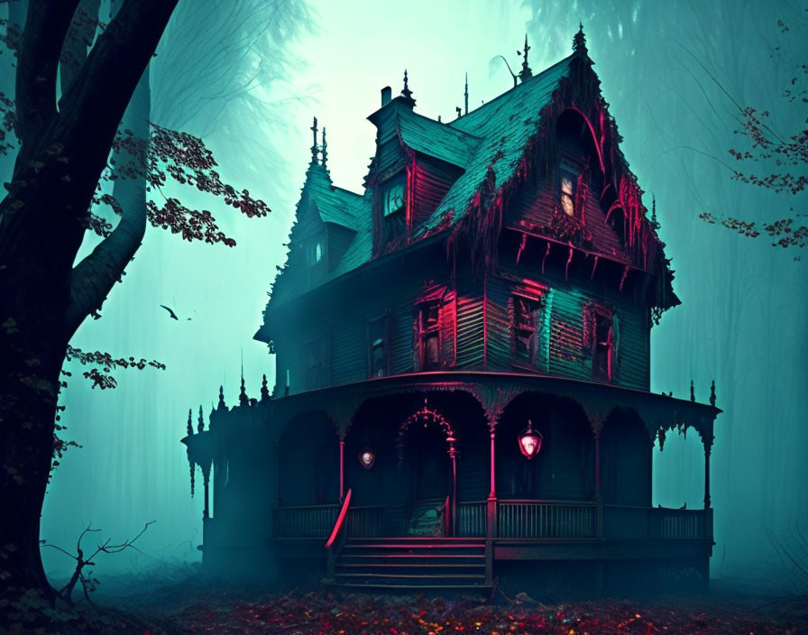 Victorian mansion in misty forest with eerie red lighting