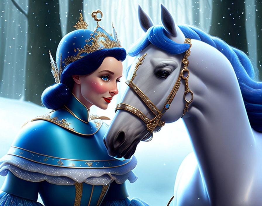 Illustration of woman in blue royal gown with white horse in snowy forest