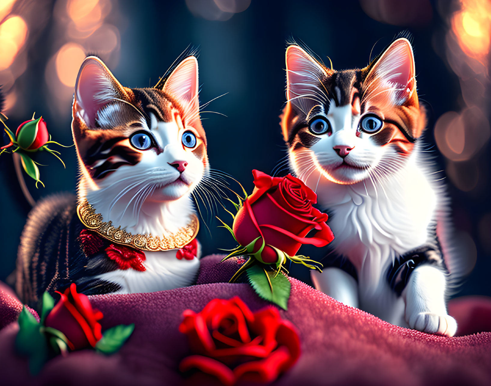 Illustrated kittens with blue eyes and red roses on bokeh light background