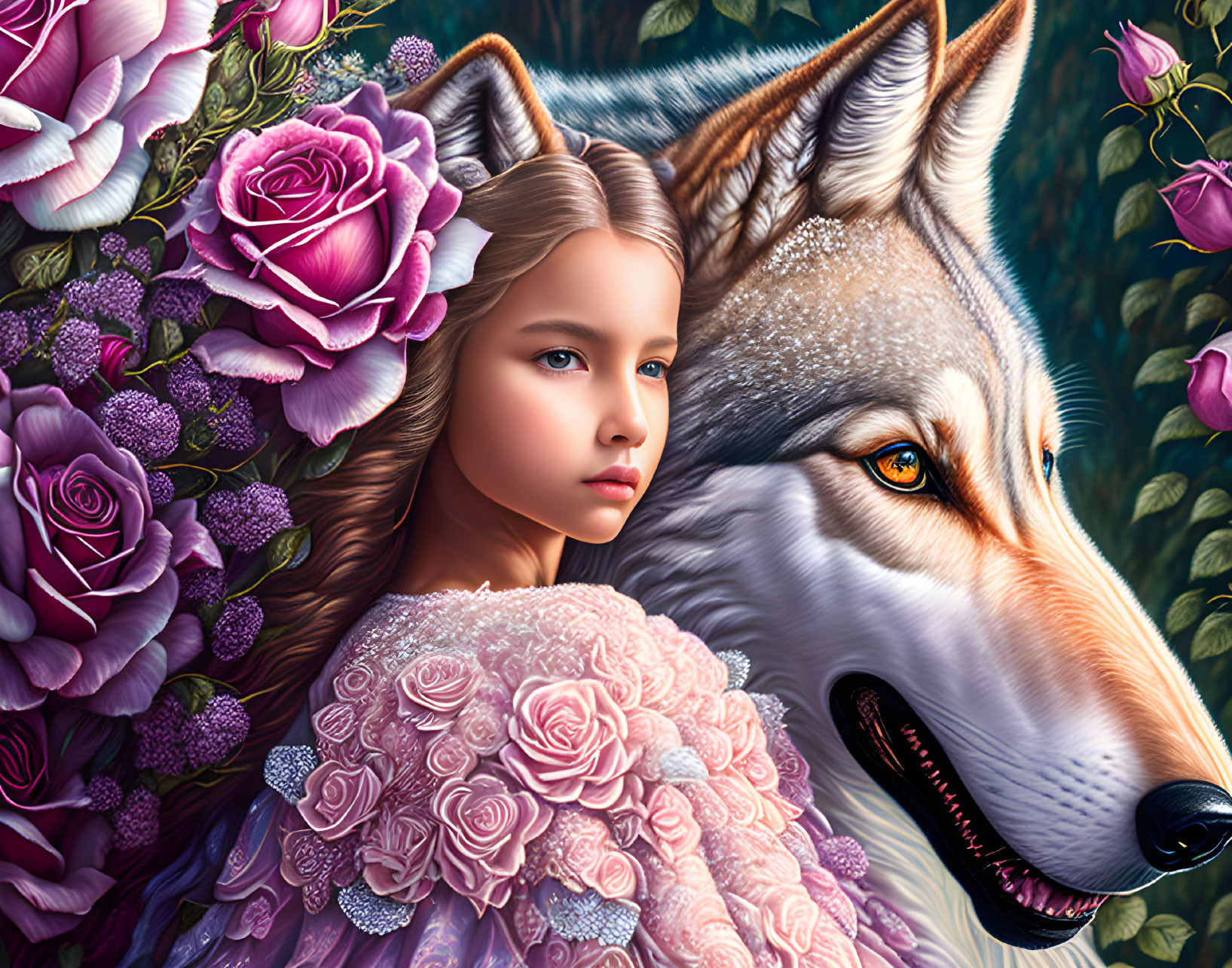 Young girl with wolf ears in pink rose blossoms with realistic wolf on dark background