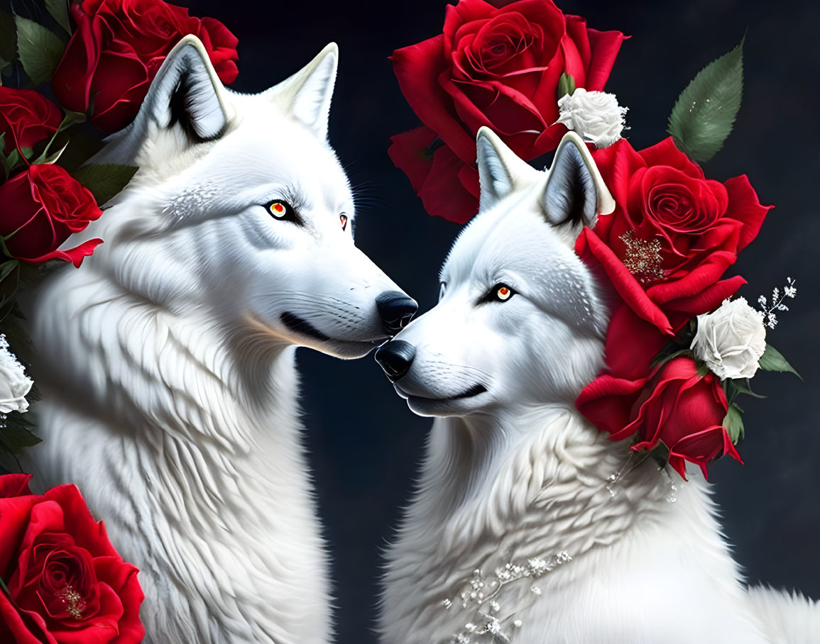 White wolves with red roses on dark background