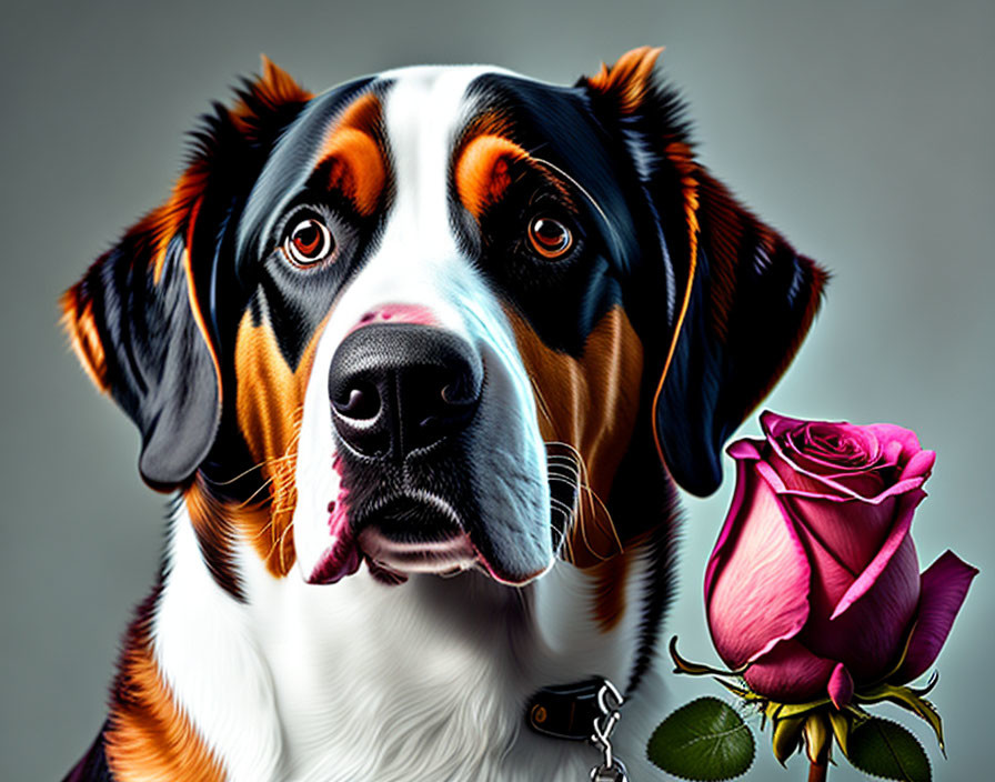 Detailed Tricolor Dog and Pink Rose Illustration on Gray Background