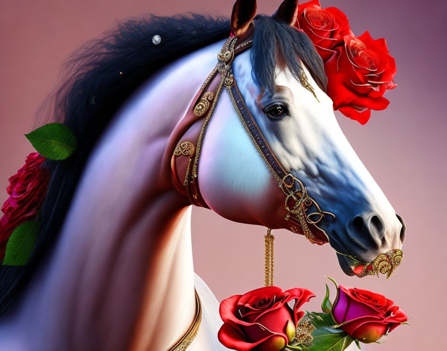 Stylized horse with roses and jewelry on pink background