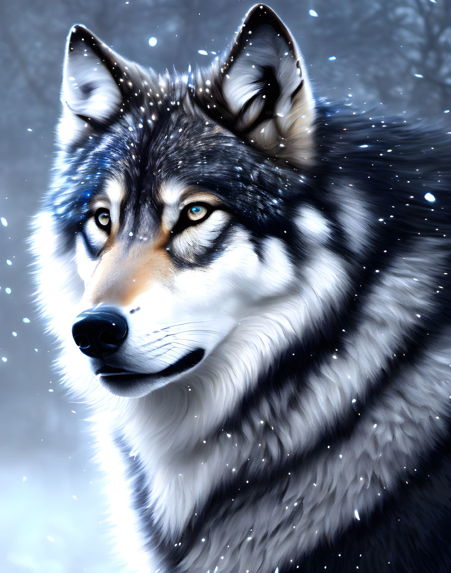 Detailed Siberian Husky Illustration with Blue Eyes in Snowy Scene