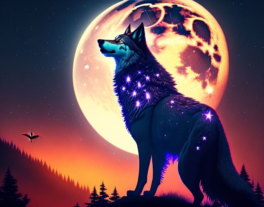 Majestic wolf under starry sky with moon and pine tree silhouettes