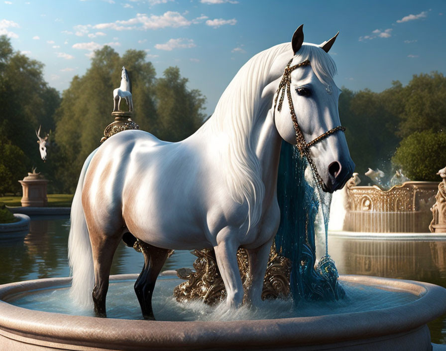 White Horse with Shimmering Mane in Fountain Garden