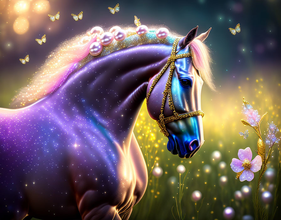 Majestic digital horse illustration with purple starry coat and butterflies