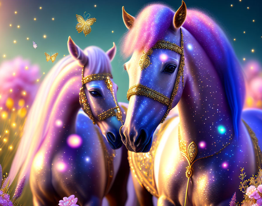 Mystical horses with multicolored manes in vibrant floral scene