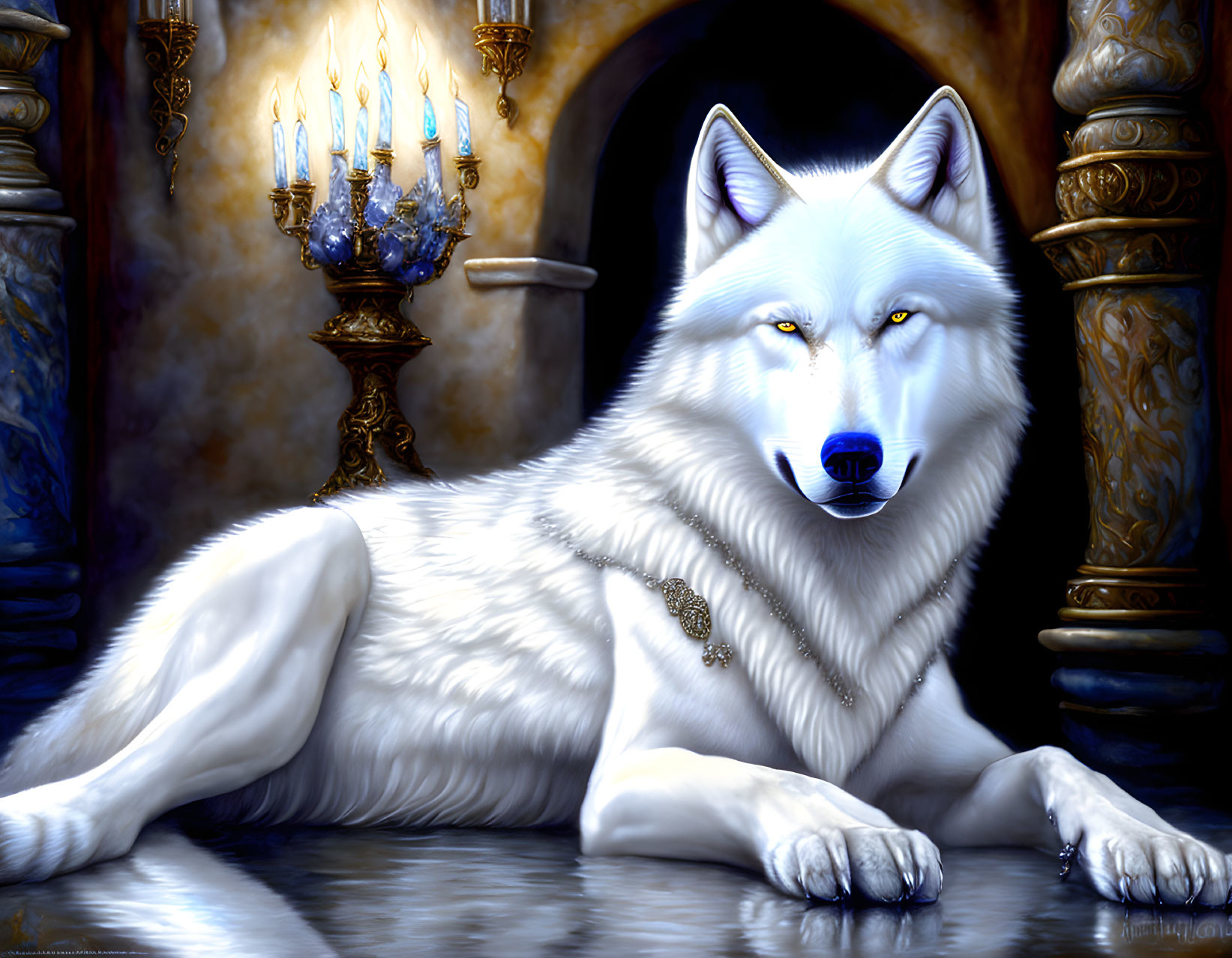 White wolf with blue eyes in luxurious room with gold necklace and candelabrum