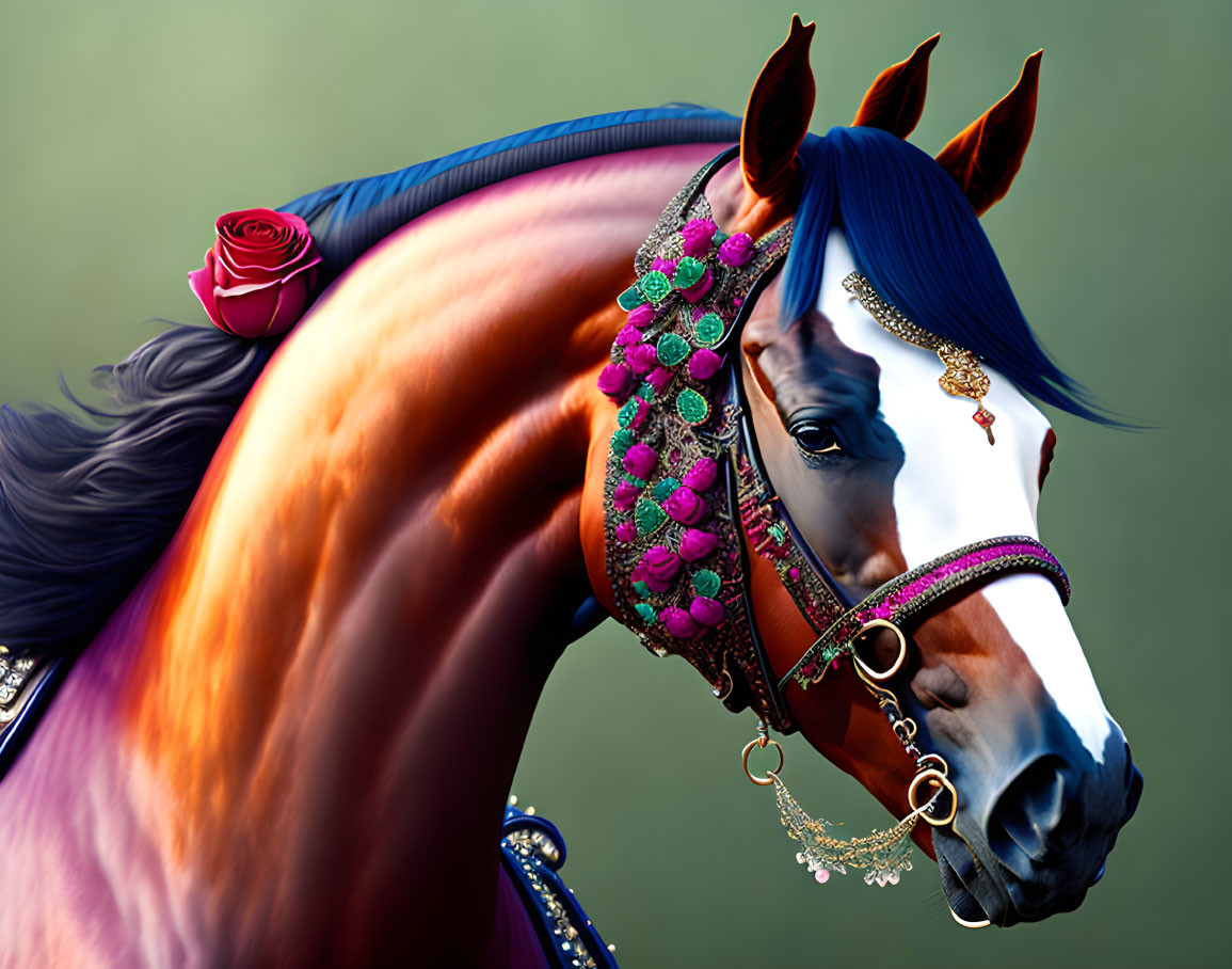 Colorful Horse Artwork with Pink Flowers and Gold Accents