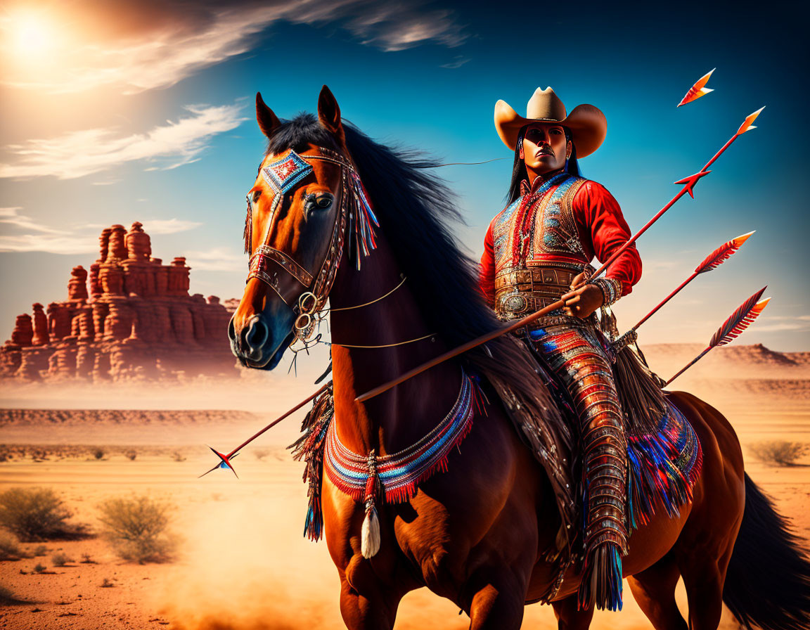 Native American person in colorful attire riding horse in desert with red rock formations and arrows in motion.