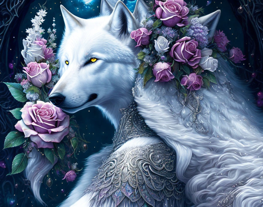 White Wolf with Purple Roses and Silver Armor in Starry Night