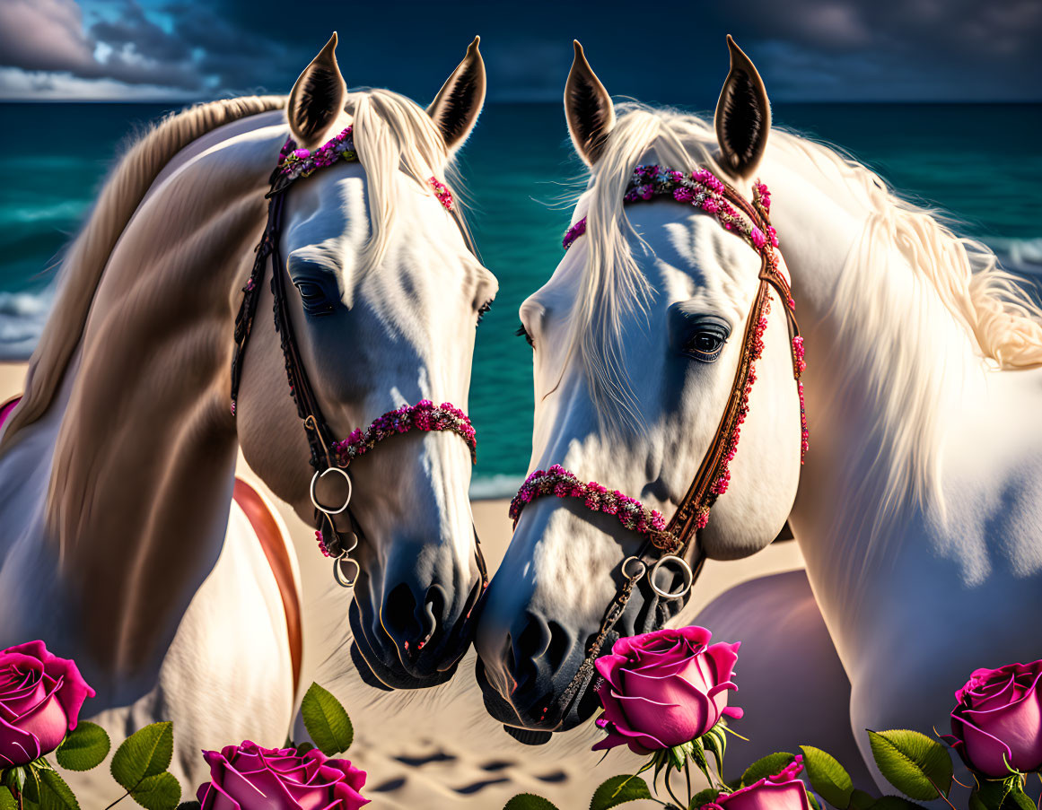 Two White Horses with Decorative Bridles on Beach with Roses