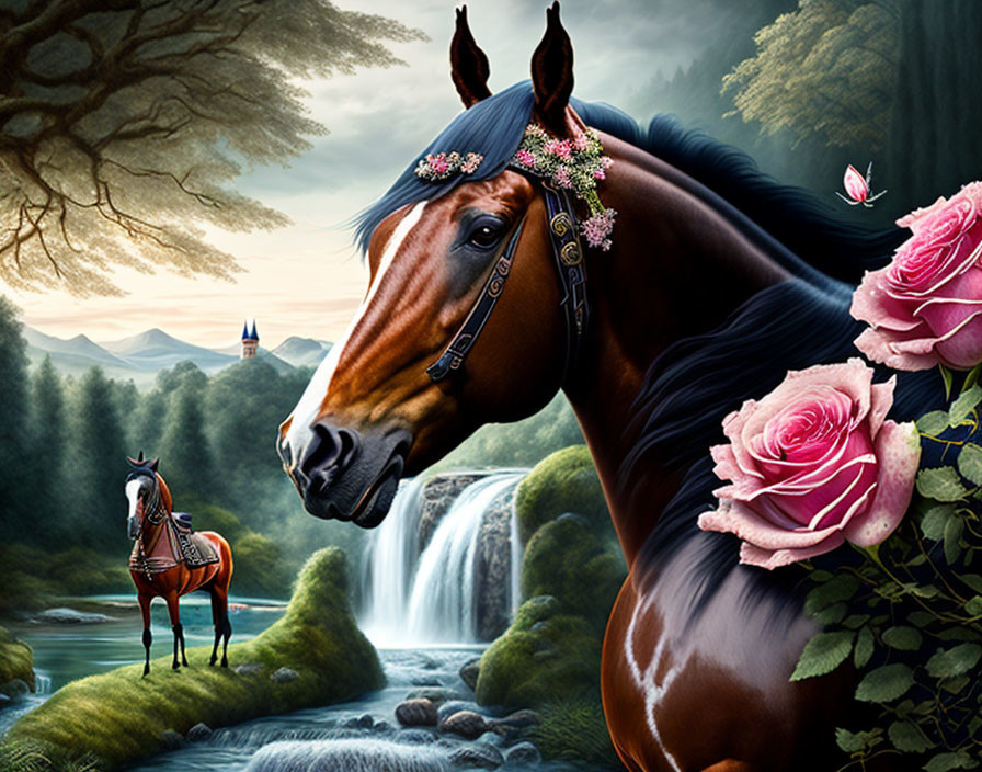 Digital artwork: Horse with floral headdress in serene nature scene