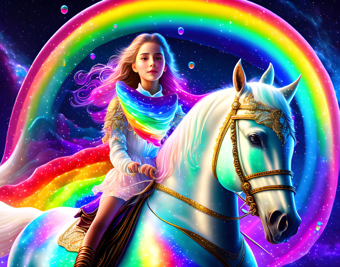 Woman riding white horse in cosmic scene with rainbow and stars