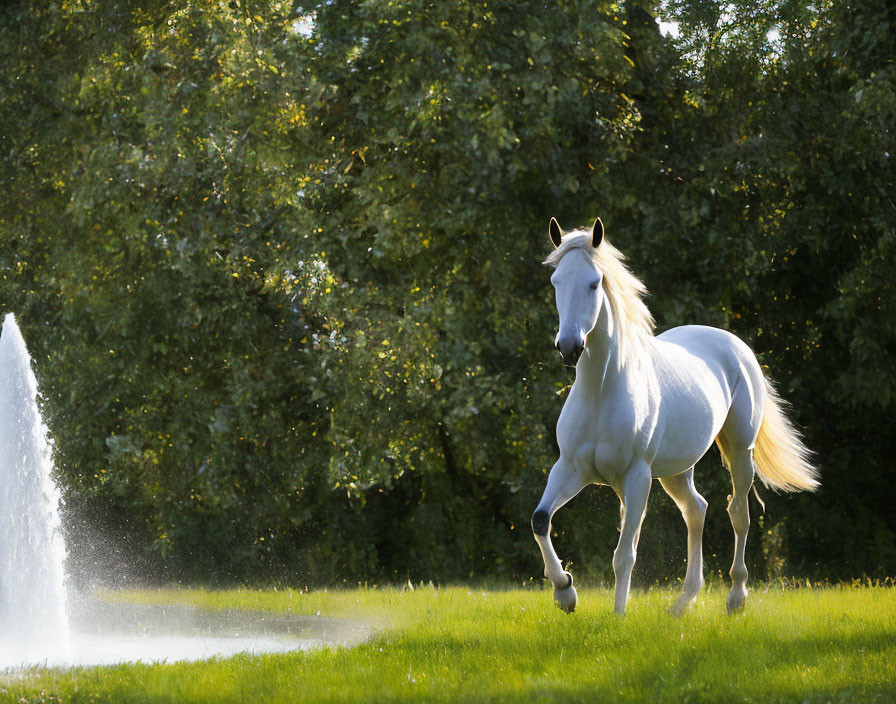 White Horse Galloping in Sunny Meadow with Green Trees and Water Sprinkler