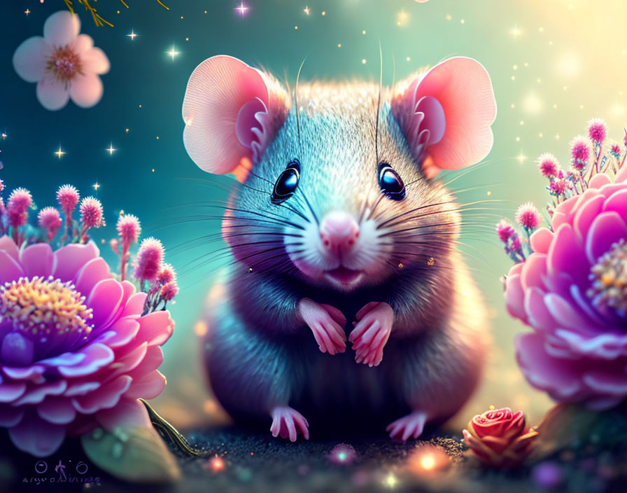 Colorful Cartoon Mouse Among Pink Flowers and Stars