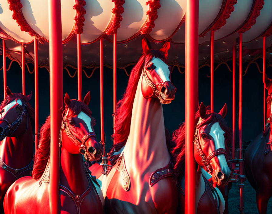 Carousel with ornate red horses in close-up view