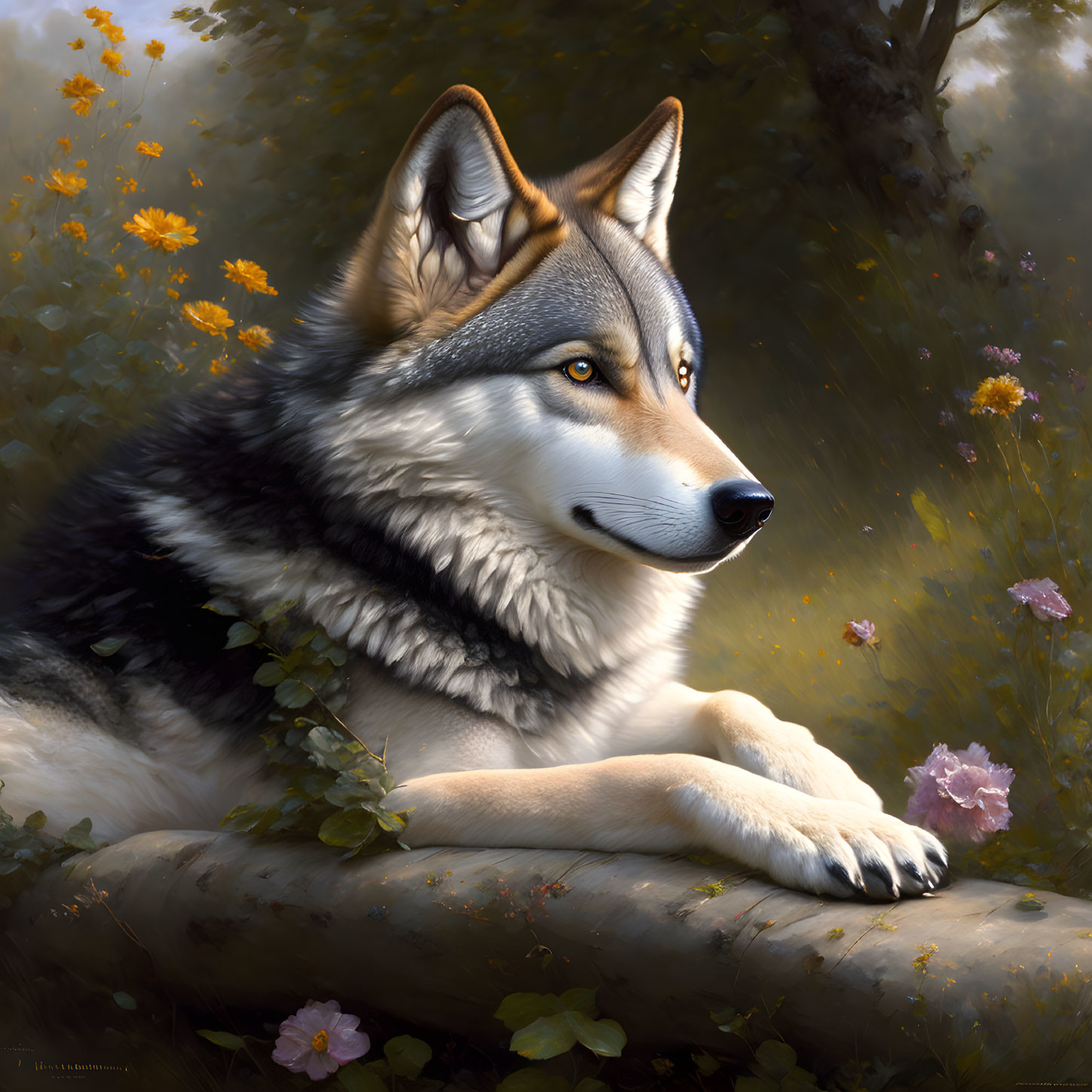 Majestic wolf in serene forest setting with sunlight and flowers