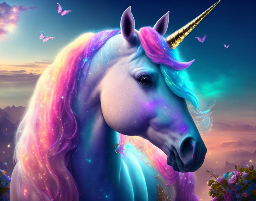 Majestic unicorn with shimmering horn in purple, blue, and pink mane, surrounded by butterflies