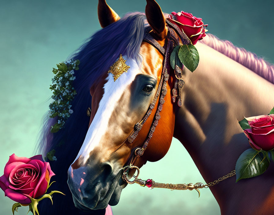 Digitally rendered image: Horse with roses and ornate jewelry