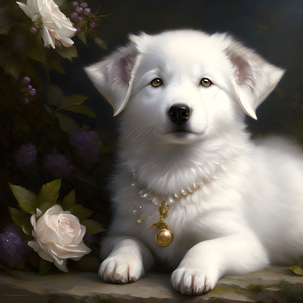 Fluffy white puppy with golden locket in flower garden