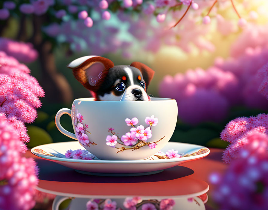 Adorable Puppy in Teacup Surrounded by Blooming Garden