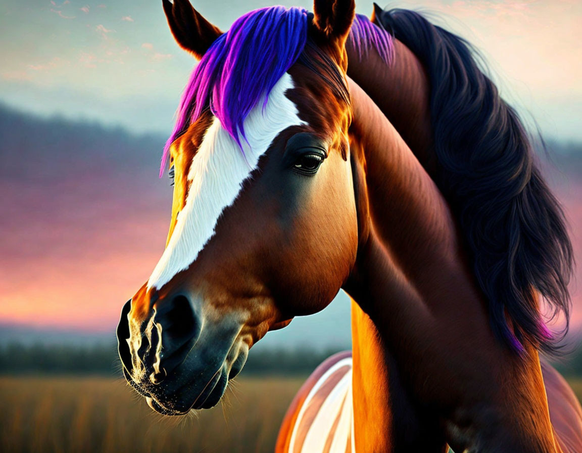 Brown Horse with Purple and White Mane Against Sunset Sky