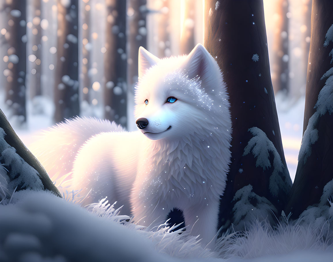 White Fox in Snowy Forest with Snowflakes