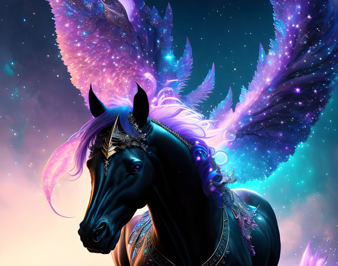 Majestic black horse with celestial wings and silver headgear