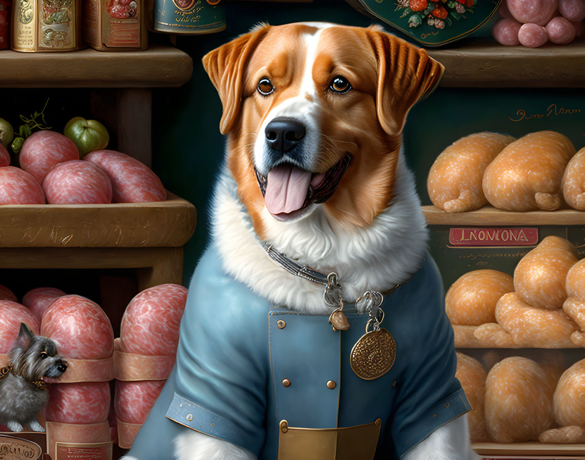 Renaissance-style dog with medal among bread and fruit shelves