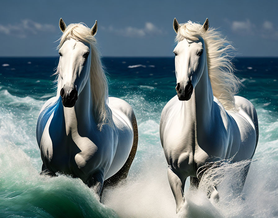 Majestic white horses with flowing manes in ocean waves under sunny sky