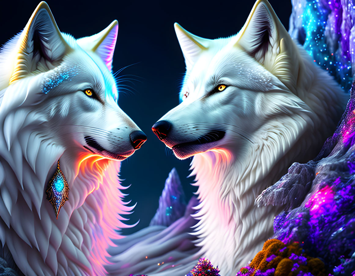 White wolves with blue eyes and ornate markings in mystical scene