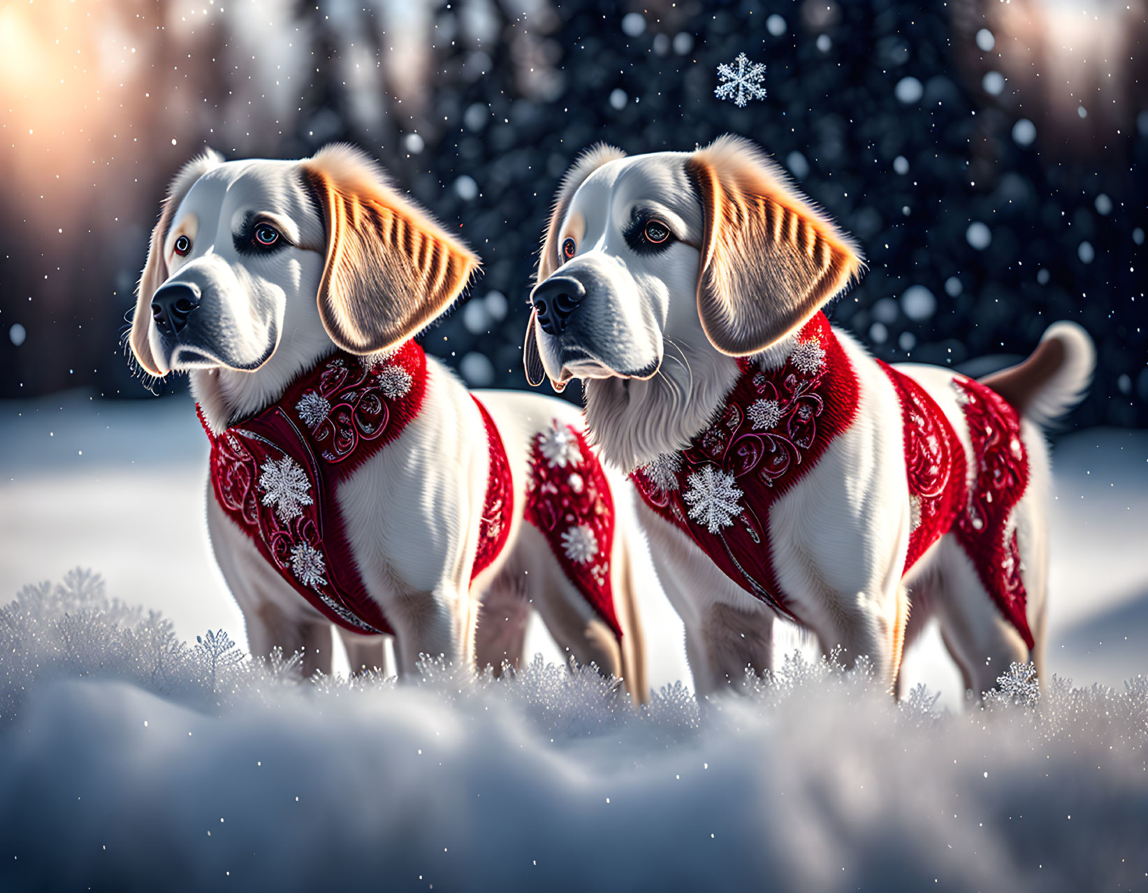 Two dogs wearing red scarves in snowfall scene.