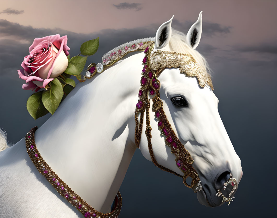 White horse with gold and purple jeweled accessories under cloudy sky