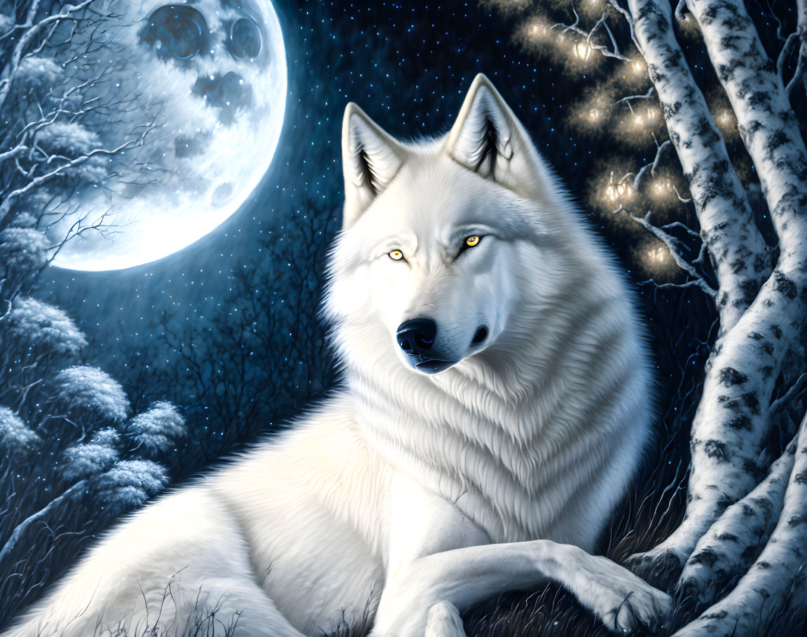 White Wolf Resting Under Full Moon and Stars in Snowy Landscape