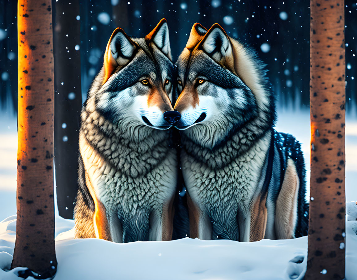 Pair of wolves in snowy forest with falling snowflakes