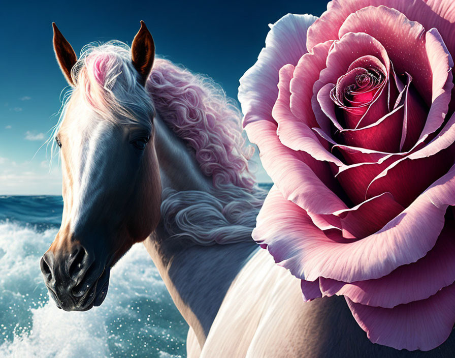 Surreal white horse with pink mane and giant rose by blue ocean