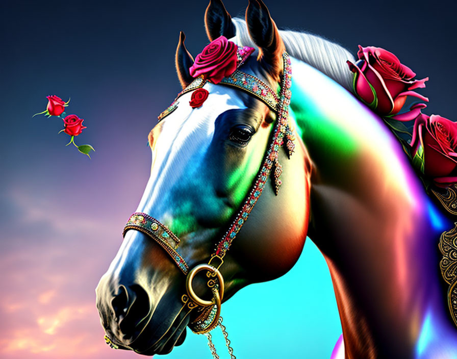 Colorful Horse with Roses and Jewelry in Sunset Sky