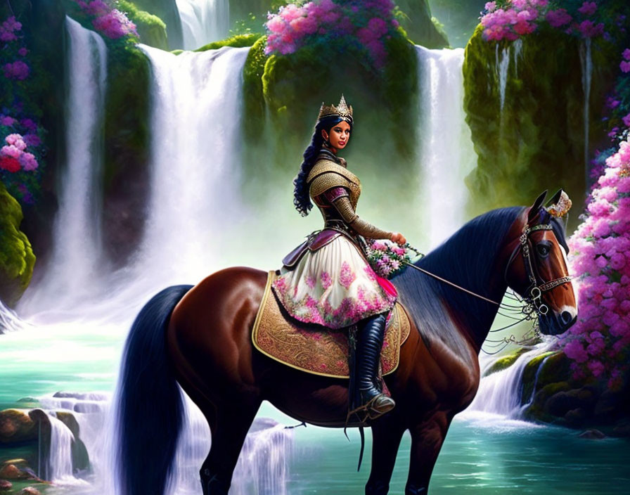 Warrior princess on horseback near stunning waterfalls