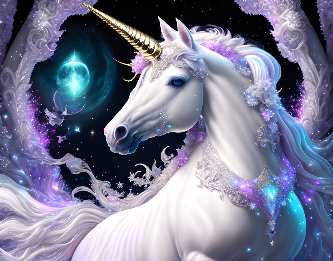 White Unicorn with Golden Horn in Cosmic Setting