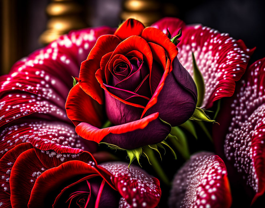 Vibrant red rose among purple and white flowers on soft background