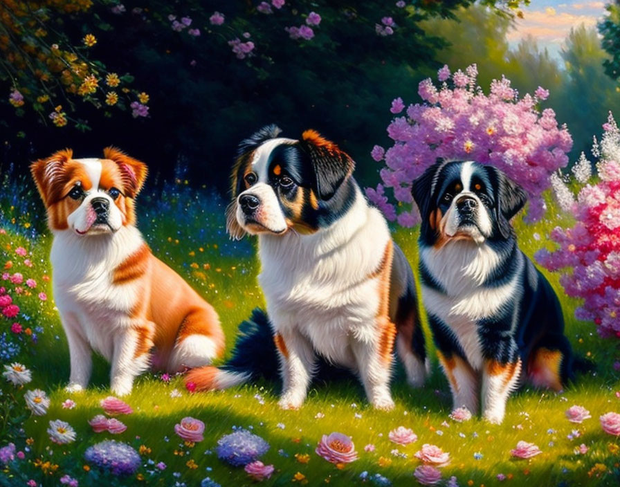 Three Saint Bernards in Colorful Garden with Blooming Flowers